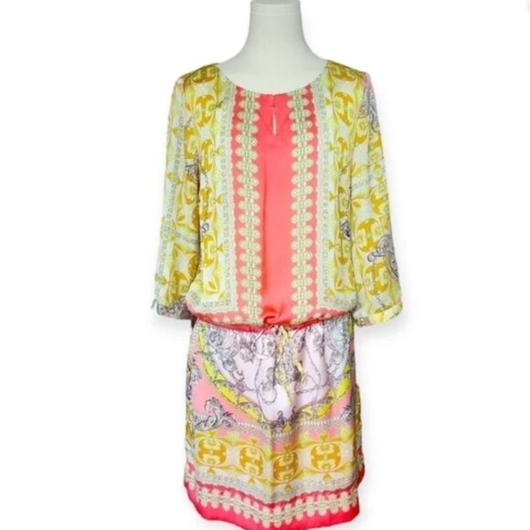 Jennifer Lopez Colorful Print Silky 3/4 Sleeves Summer Fashion Dress sz L - Picture 1 of 13